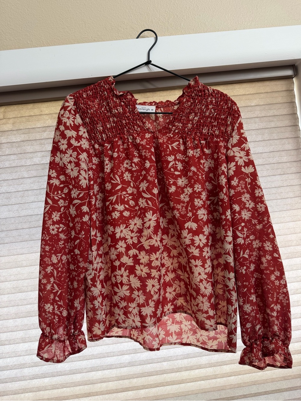 Kaileigh Red Floral Smocked Yoke Long Sleeve Blouse